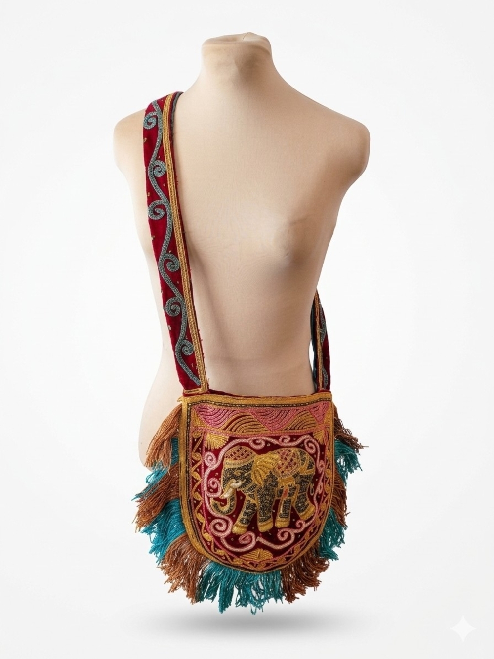 Handmade Embroidered and Beaded Elephant Crossbody Bag in Burgundy Velvet